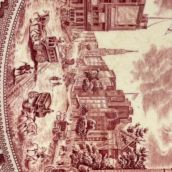 Johnson Bros Historic America Barnum's Museum Broadway NYC Oval Platter Red - Picture 7 of 10